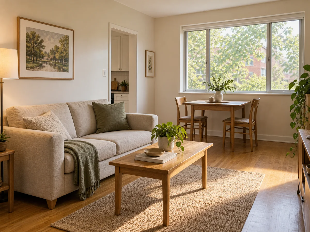 A bright rental living room with warm wood furnishings.