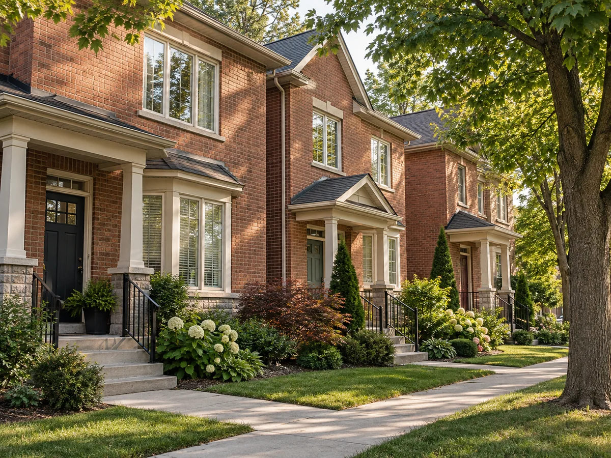 Brick townhomes along a tree-lined sidewalk.