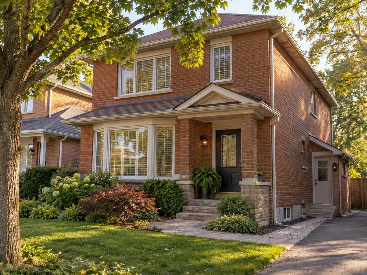 A brick home with a side entrance and leafy garden.
